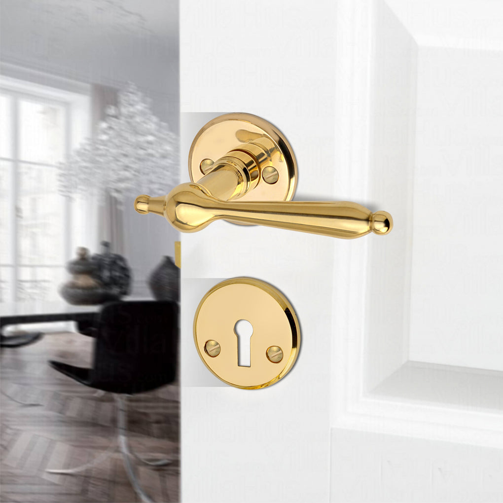 'Mercury' - Brass Door Handle Set with Rosettes and Keyholes